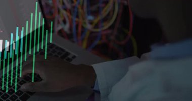 Network engineer typing on laptop, generating data bars and red waveform monitoring network traffic. Technology, cybersecurity, data analysis, digital, innovation, professional, modern