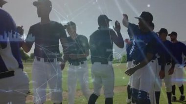 Baseball team exiting dugout lining field, catcher raising hand causing high fives showing teamwork. Youth, sportsmanship, camaraderie, celebration, athleticism, outdoor, team spirit