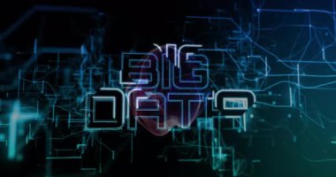 Veri ağını gösteren, titreşen, neon-mavi metin çizimleri yaparken, boşluk açma ve örgü yüzüyor. Fütürist, teknoloji, dijital, ağ, soyut, siber, yenilik