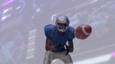 Top tutucu geliyor. Bu arada analitik analitik kontrol paneli defans oyuncusu yaklaşıyor. Sporcu, spor, fütüristik, veri görselleştirme, performans, rekabet, dijital