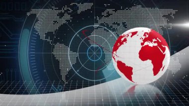 Dünya, kıtaları teknoloji görüntüsü için birbirine bağlayan radar halkaları gönderirken dönüyor. Fütürist, dijital, teknoloji, dünya, soyut, görselleştirme, yenilik