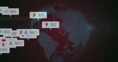 Yıldızlı alanda dönen üç boyutlu noktalı dünya küresel veri akışını gösteren yumurtlama baloncukları. Teknoloji, bağlantı, veri, görselleştirme, yenilik, dijital, gelecekçi