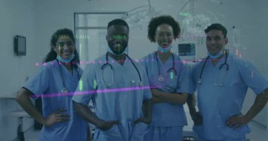 Ameliyathanedeki tıbbi ekip hastanın hayati değerlerini izlemek için holografik örtüye yükselen veri tablosunu inceliyor. Hastane, tıbbi, sağlık, teknoloji, veri, analitik, takım çalışması