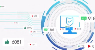 Ölçümler yükleniyor UI mavi monitör animasyon kalkan güncellemesi çarpışma sezgileri için sayıları güncelliyor. Analizler, görselleştirme, dijital, arayüz, gösterge paneli, teknoloji, veri