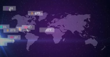 Soldan çıkan mercekler haritayı başlatıyor, paneller kayıyor, simgeler titreşiyor, büyümeyi gösteriyor. Fütüristik, dijital, iletişim, analitik, görselleştirme, teknoloji, ağ