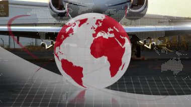 3D küre kareye doğru uçuyor, kırmızı yörüngeyle dönüyor özel jetin üzerinden dünya rotasını takip ediyor. Havacılık, küresel, teknoloji, ulaşım, seyahat, sanayi, 3D