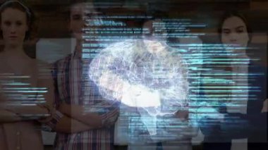 Ekip izleme arızası 3 boyutlu beyin hologramının dönüşümünü başlatıyor. Teknoloji demosunda sinirsel ağ detaylarını gösteriyor. Teknoloji, yenilik, fütürizm, veri, işbirliği, görselleştirme, dijital