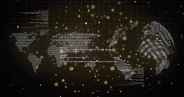 Karanlık ızgara noktalı harita açılıyor, yükselen dünya kıvılcımları dönüyor, sürüklenen kod kaydırma komutları gösteriliyor. Dijital, küresel, teknoloji, geleceksel, arayüz, soyut, veri