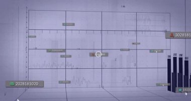 3D ızgara görünmesi, kullanıcı simgesinin ortaya çıkmasına, etiketlerin ve dalga formunun ortaya çıkmasına, çubukların yükselmesine, çekilmesine neden oluyor. Veri görselleştirme, analitik, fütüristik, dijital, teknoloji, yorumlama, soyut