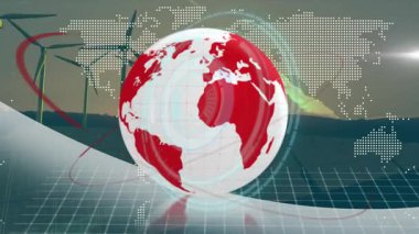 Noktalı harita soluklaşması, enerji görselleştirmesi için daireler çizen kırmızı halkayla dönen küreyi tetikler. Coğrafya, yenilik, teknoloji, sürdürülebilirlik, animasyon, dijital, gelecekçilik