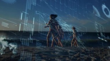 Anne, çocukları harita ve harita olarak gün batımı sahilinde yürütür ve verileri çizer. Siluet, aile, kıyı şeridi, günbatımı, dijital grafikler, veri görselleştirme, doğal ortam