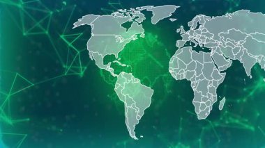 Başlangıçta kıta ana hatları dönen yeşil noktalı küre üzerinde kayboluyor, küresel ağı görselleştiriyor. Teknoloji, dijital, bağlantı, küresel, ağ, fütüristik, soyut