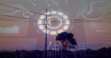 Aktivasyonda, dairesel HUD dönerek ve tarama direklerini ve kuleleri, kamera tavasında haritalandırmak için tarıyor. Gelecek, teknoloji, ağ, iletişim, manzara, dijital, yenilik