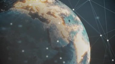 Kısmi Dünya ekranda beliriyor, dönen dünya üzerinde birleşen düğümler, verileri göstermek için kaybolan etiketler. Coğrafya, bağlantı, teknoloji, gelecek, ağ, görselleştirme, dijital