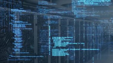 Başlangıçta sunucu dolapları mavi kod alıyorlardı, veri işlemeyi görselleştirmek için bölünüyorlardı. Teknoloji, siber güvenlik, dijital, veri, ağ, altyapı, gelecekçilik