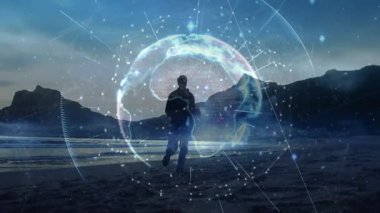 Kayalık sahil boyunca ilerleyen, veri noktaları oluşturan, üç boyutlu dünyayı döndüren, teknolojik verileri yönlendiren bir adam. Gelecek, yenilik, bağlantı, dijital, keşif, teknoloji, manzara