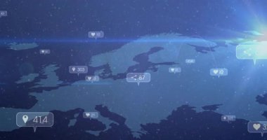 Parlak Avrupa haritasına başlamak, paylaşım simgesini patlatmak, kavisleri birbirine bağlamak, akışları gösteren rozetler atmak. Coğrafya, bağlantı, veri görselleştirme, dijital haritalama, sosyal analiz, ağ, teknoloji