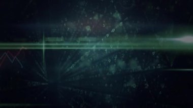 Veri aktifleştirmesinin ardından, merkezi yeşil ışın, canlı verileri görselleştiren radyal rakamlar olarak titreşiyor. Dijital, fütüristik, soyut, teknoloji, analitik, yenilik, hareket