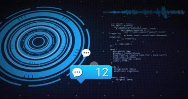 Mesaj alınıyor ve sekizden 77 'ye kadar sohbet sayacı güncelleniyor halkalar atarken mesajlar birikiyor. Gelecek, teknoloji, arayüz, dijital, siber alan, veri, iletişim