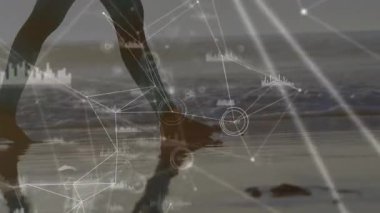 Alt bacaklar sörf yaparken sıçrama yapıyor ve teknik veri tablosuyla ayak hareketlerini eşleştiriyor. Minimalist, suda yaşayan, gelecekçi, teknoloji, çevre, sükunet, yenilik