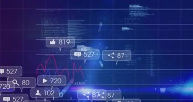 Soluk mavi parıltı büyüyen simgeler ve grafikler kayboluyor, işaretçi veri güncelleme metrikleri. Teknoloji, analitik, arayüz, gösterge paneli, veri görselleştirme, dijital, yenilik