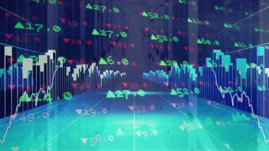 Semboller solarken ve pazar eğilimlerini takip eden çizgiler çizilirken, koridor başlangıç çubuğu çizelgeleri ortaya çıkıyor. Fütürist, dijital, veri, teknoloji, analitik, görselleştirme, soyut