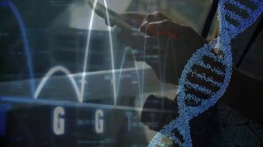 Araştırmacı dokunmatik ekranı tıklatıyor ve nükleotid dalga şeklindeki değişiklikleri genomik için 3 boyutlu sarmalla takip ediyor. Biyoteknoloji, veri görselleştirme, moleküler biyoloji, bilimsel araştırma, dijital arayüz, analitik teknoloji, laboratuvar