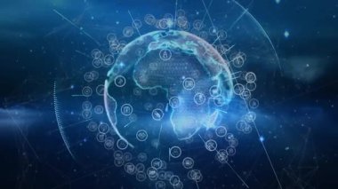 Kablo çerçeve küresi ortaya çıkıyor, kıtaların etrafında dönen ikonlar ve çizgileri genişletiyor, veri ağını görselleştiriyor. Teknoloji, bağlantı, siber alan, yenilik, dijital, geleceksel, bilgi