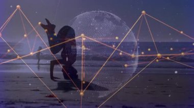 Sahilde amuda kalkan bir kadın, teknoloji ağı oluşturan noktalar ve şifre aşımı başlatan bir koşucu. Fütürist, dijital, yenilik, teknoloji, bağlantı, dinginlik, atletizm