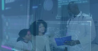 Doktor hastanede anne ve çocuğu selamlıyor, sonra da canlandırılmış sağlık tablosunu açıklıyor. Tıbbi danışmanlık, aile bakımı, sağlık hizmetleri, profesyonel, hasta savunuculuğu, dijital sağlık, sağlık