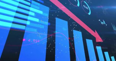 Mavi 3D çubuklar yükseliyor ve pembe ok kayıyor, etiketler güncelleniyor, azalan eğilimi gösteriyor. Veri görselleştirme, analitik, iş zekası, dijital arayüz, modern tasarım, ilerleme izleme, eğilim analizi