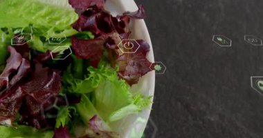 Altıgen simgeleri kasenin yanında maddeleşiyor, marul üzerinde sürükleniyor yok olmadan önce ekolojik verileri tarıyor. Sürdürülebilirlik, çevre dostu, çevre, enerji, teknoloji, sağlık, modern