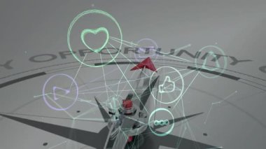 Animasyon başlatılması, pusula okunun döndürme fırsatı etrafında simgelerin bağlanmasını tetikler. Navigasyon, bağlantı, yenilik, teknoloji, rehberlik, girişim, strateji