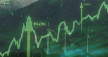 Grafik sisli vadi üzerinde kayboluyor, halat tırmanma türbinleri, büyüme verilerini gösteren oklar. Yenilenebilirlik, sürdürülebilirlik, veri görselleştirme, çevre, teknoloji, endüstri, dijital