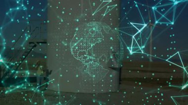 Silindirin yanında ağ oluşumu, dönen dünya, site planlama için tablet kullanan takım. Sanayi, teknoloji, yenilik, işbirliği, fütürizm, güvenlik, altyapı