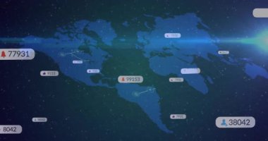 Orta Amerika 'da alev ikonu beliriyor, dünya haritası veri bağlantılarının küresel olarak genişlediğini gösteriyor. Dijital, bağlantı, veri, ağ, küresel, teknoloji, fütürist