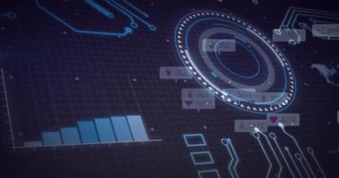 Çubuk grafik sütunları canlı ölçümleri büyütürken ve görselleştirirken şebeke yüklemesi HUD soluklaşmasını başlatıyor. Futuristik, teknoloji, analitik, dijital, arayüz, veri, yenilik