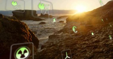 Güneş ışığıyla aydınlanan kıyılarda süzülen ve yeşil enerjiyi temsil eden enerji simgelerini üst üste bindiren dalgalar. Sürdürülebilirlik, yenilenebilirlik, ekosistem, uyum, teknoloji, yenilik, koruma