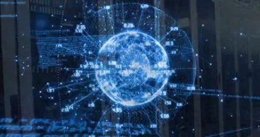 Ortaya çıkan etiketler ve veri işleme genişleyen kod akışları sırasında 3D küreyi somutlaştırmak. Holografi, veri, görselleştirme, teknoloji, ağ, dijital, fütürist