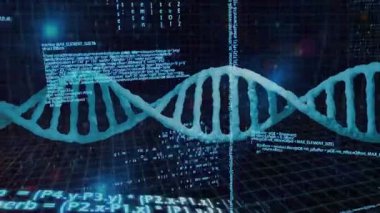 Yüklemede stilize edilmiş turkuaz DNA sarmalı sağa doğru sürüklenirken kod akışları kademeli dizilimi gösteriyor. Fütürist, bilimsel, teknoloji, dijital, soyut, yenilik, veri