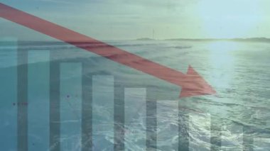 Üst üste gelen kara parmaklıklar ve kırmızı oklar deniz dalgaları üzerinde sabit kalarak düşüş eğilimini güçlendiriyor. Bar tablosu, finansal analiz, veri görselleştirme, okyanus manzarası, hareket grafikleri, büyüme düşüşü, deniz ortamı