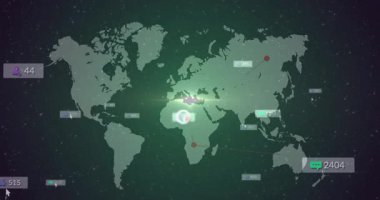 Yeşil dünya haritasının soluklaşması UI panellerini, kaydırma işaretlerini, ağ görünümü için bağlantı düğümlerini tetikler. Küresel bağlantı, veri görselleştirme, dijital ağ, teknoloji, fütüristik, siber haritalama, analitik