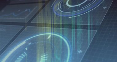 Ölçüm ve halka şeması açılıyor ve holografik okumalar için değişen ışınlarla ortaya çıkıyor. Teknoloji, yenilik, veri görselleştirme, soyut, bilim kurgu, fütüristik, dijital arayüz