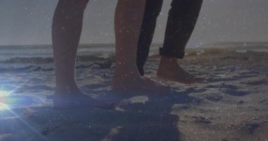 Mercekleri alevlendiren çift, romantik günbatımı yürüyüşü için arkalarında iz bırakarak yürüyor. Sahil şeridi, dinginlik, siluet, uyum, eğlence, doğa, macera.