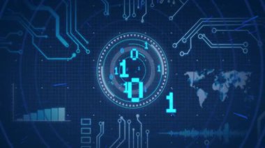 Çerçeve çıktıktan sonra, gösterge paneli görünümü için veri çubukları yükselirken dairesel arayüz dönüyor. Teknoloji, veri, fütüristik, arayüz, dijital, analiz, görselleştirme