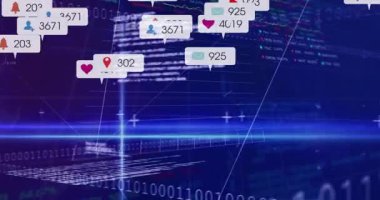 Kamera döndürmesinde, ağ büyümesini gösterirken ızgara çizgileri boyunca süzülen metrik etiketler görülüyor. Dijital, geleceksel, soyut, teknoloji, veri, analitik, neon