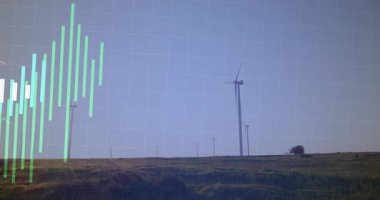 Şebeke çizgileri beliriyor, veri çubukları yükseliyor, rüzgar çiftliği çıktısını görselleştirmek için düz dizayn edilmiş çizgiler örüyor. Yenilenebilir enerji, sürdürülebilirlik, çevre, soyut, dijital, teknoloji, yenilik