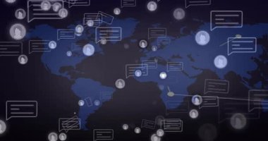 Küresel ağı bağlayan çizgiler oluştururken avatarlarda beliren ve titreşen haritada. Vektör, bağlantı, teknoloji, iletişim, dijital, bilgi, ağ