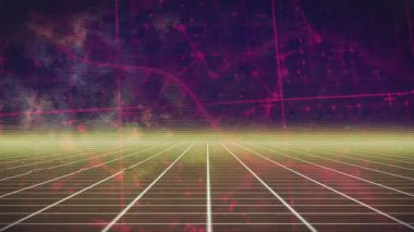 Parlayan ufuk, kablo şebekesi açıyor pembe parçacıklar oluşturarak ağ çizgileri oluşturarak döngü oluşturuyor. Gelecekçi, soyut, siber, dijital, teknoloji, neon, görselleştirme