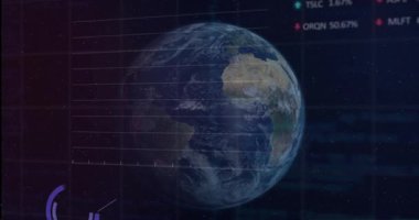 Gösterge paneli oluşturmak için çizelgeler canlandırılırken dünyanın dönen şebeke açma şebeke örtüsü ve veri etiketleri. Astronomi, teknoloji, veri görselleştirme, gösterge paneli, gelecek, uzay, analitik